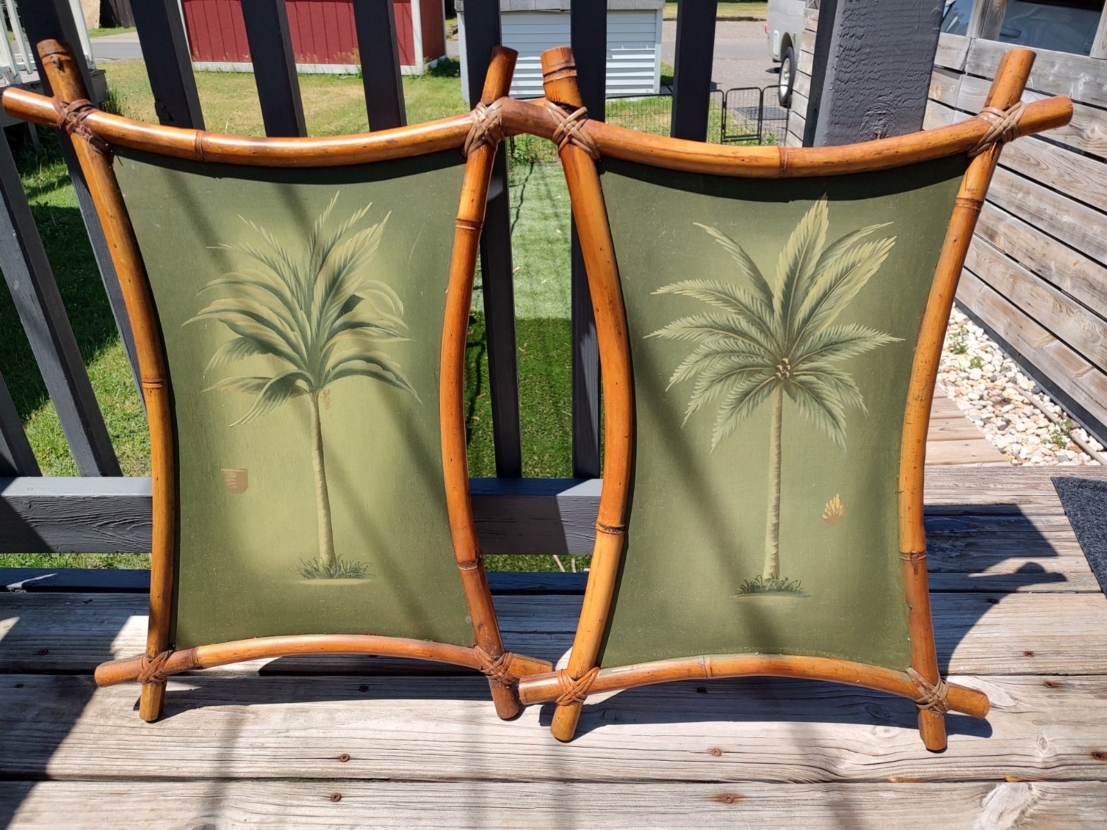 Palm Tree Oil Paintings Bamboo Framed Botanical Tiki Art Green Pair 28″ Vtg MCM