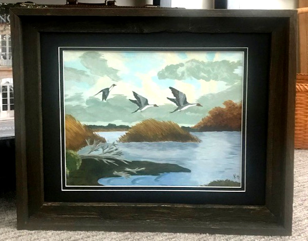 *THREE DUCKS FLYING OVER MARSH* ON CANVAS BOARD- SIGNED, RECLAIMED FRAME & MAT