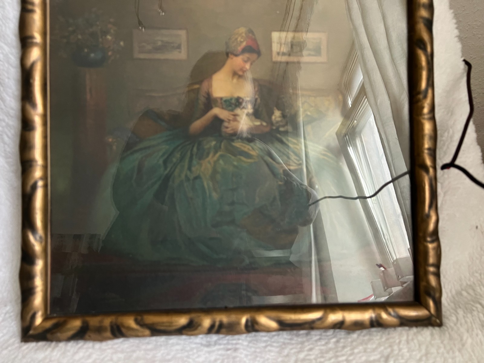 An antique painting from 1900. Lithograph, under glass. Made in Europe.