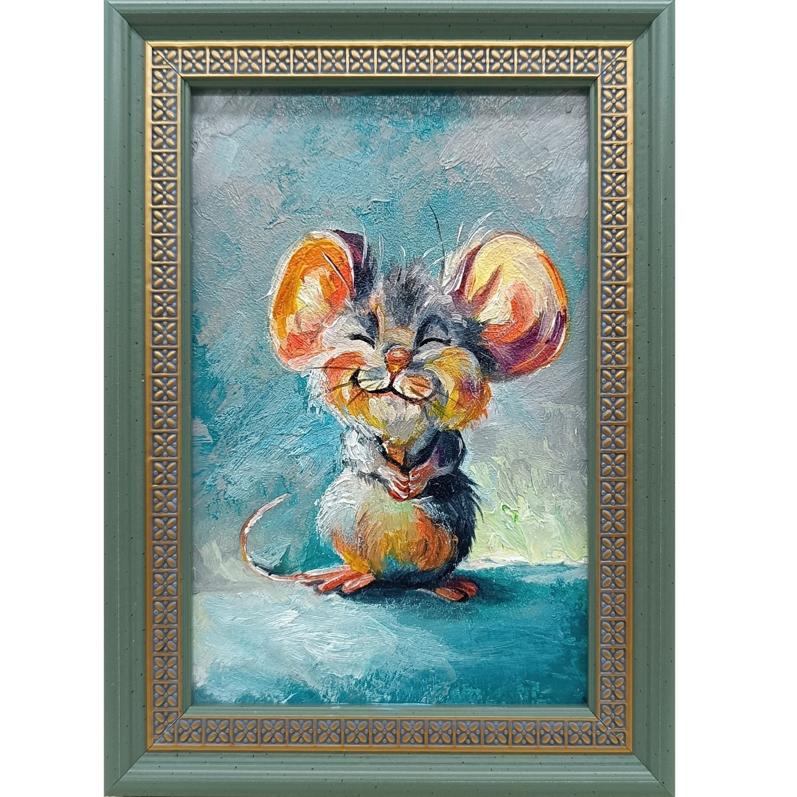 Original oil painting signed framed 6×4 inches Mouse