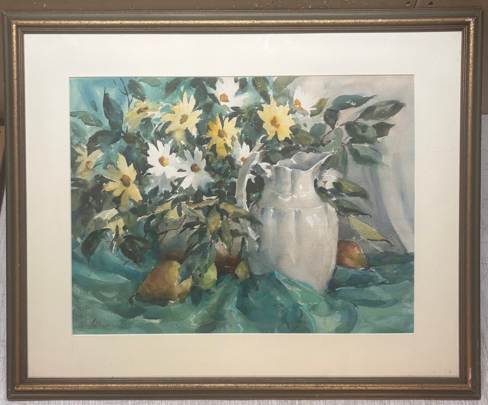 Vintage BETTY LOU SCHLEMM Daffodils FLOWERS & White Pitcher’ STILL LIFE Painting