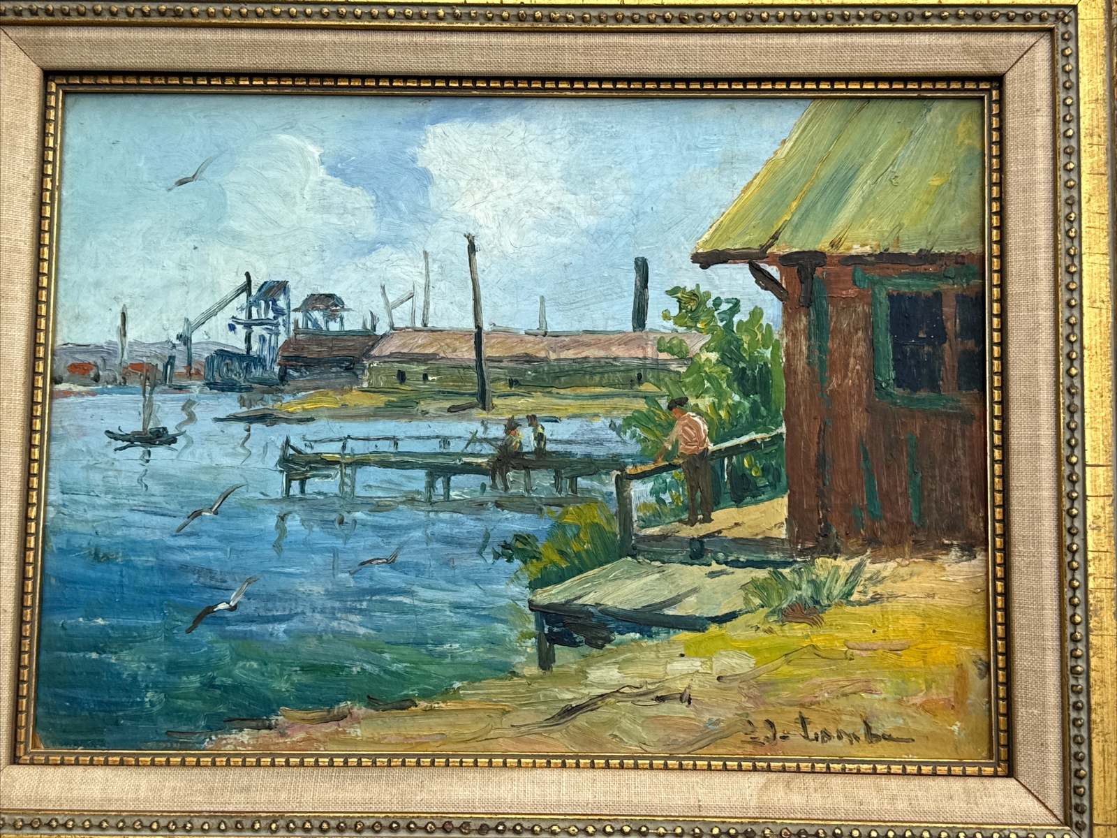 ANTIQUE PAINTING IMPRESSIONISM REGIONALISM MARINA NAUTICAL PORT BOAT DOCK OLD