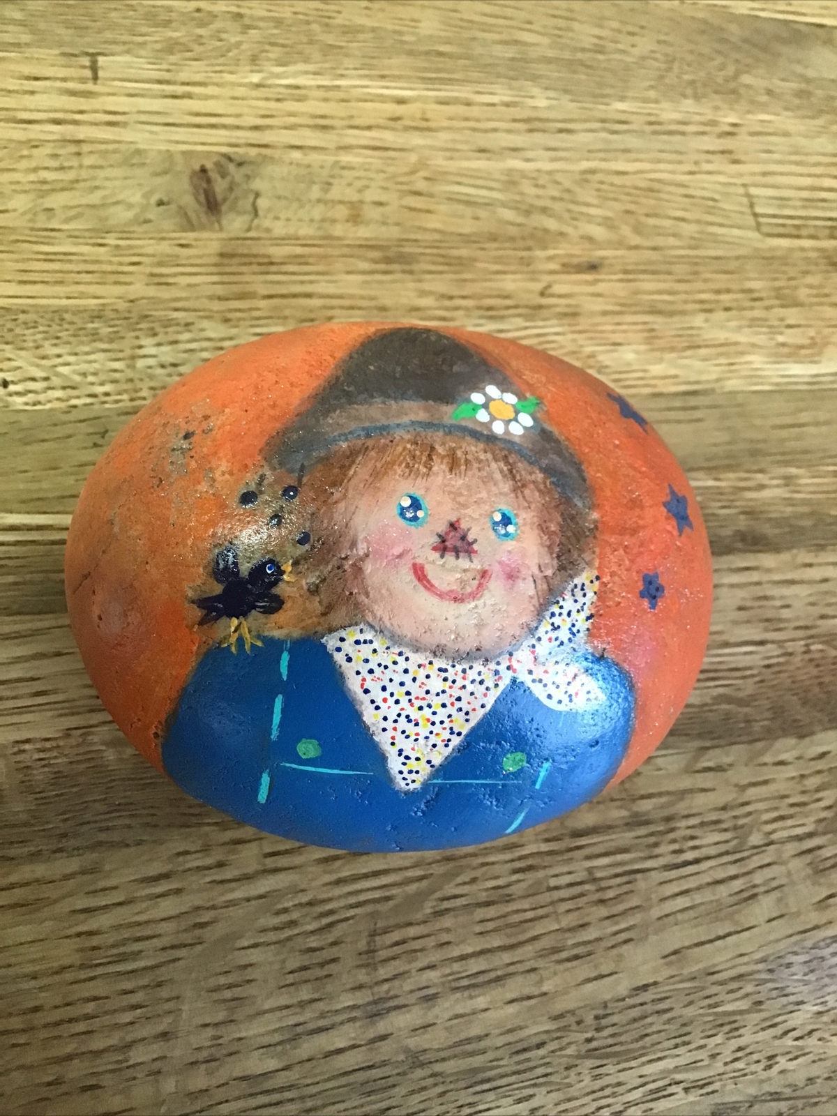 LARGE HAND PAINTED INDIA RIVER ROCK SCARECROW STONE ART COLLECTIBLE BY DEBBIE
