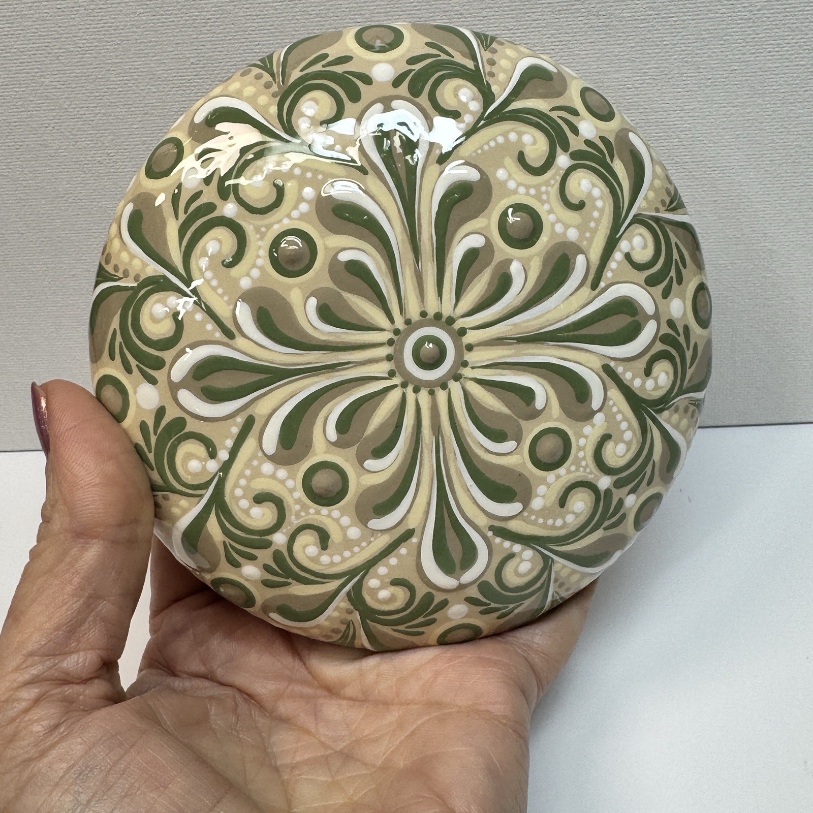 4.5” Delicate Green Mandala – Hand Painted Handmade Stone – By JaDeL