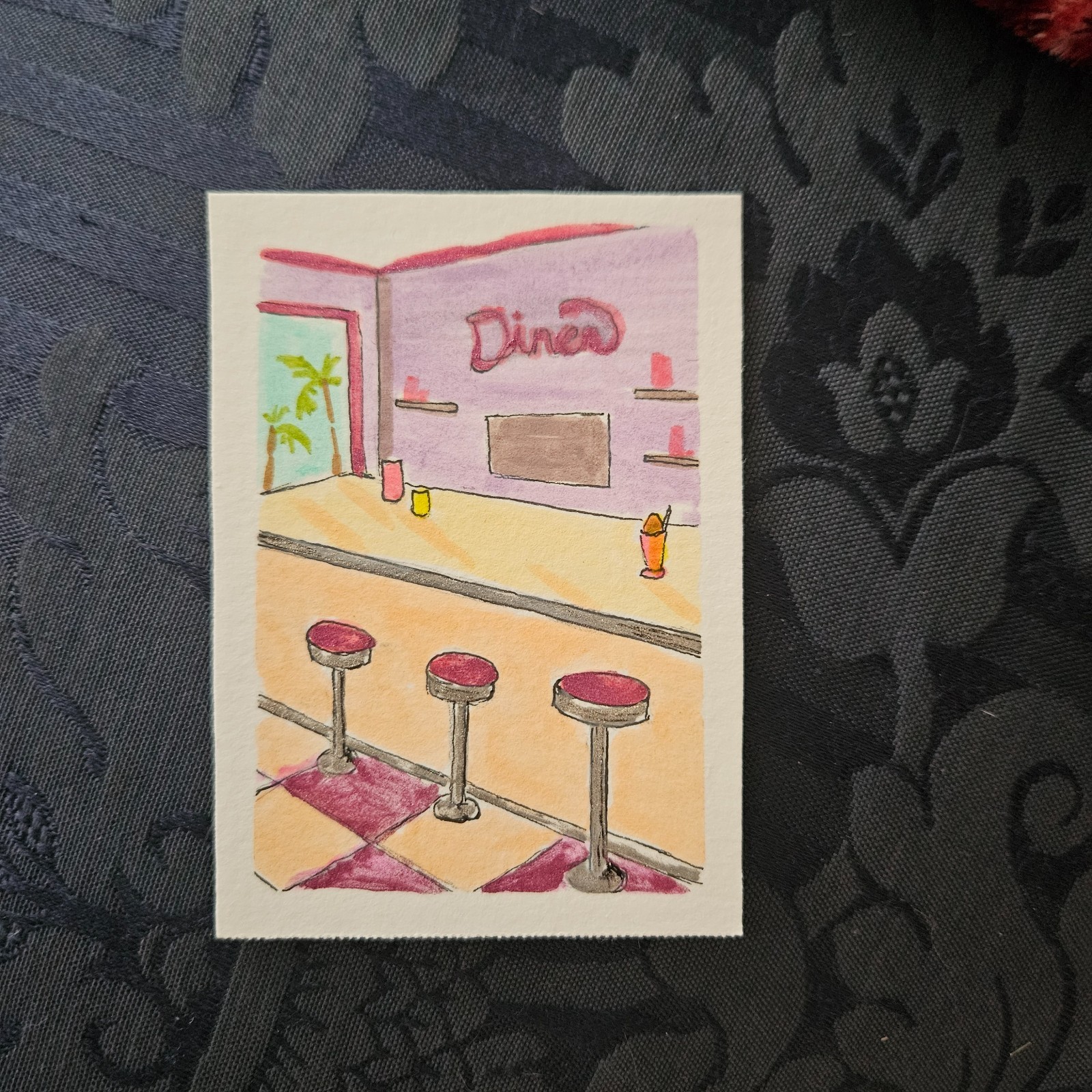 ACEO Art Original Acrylic, 2.5 x 3.5 inches, pink diner