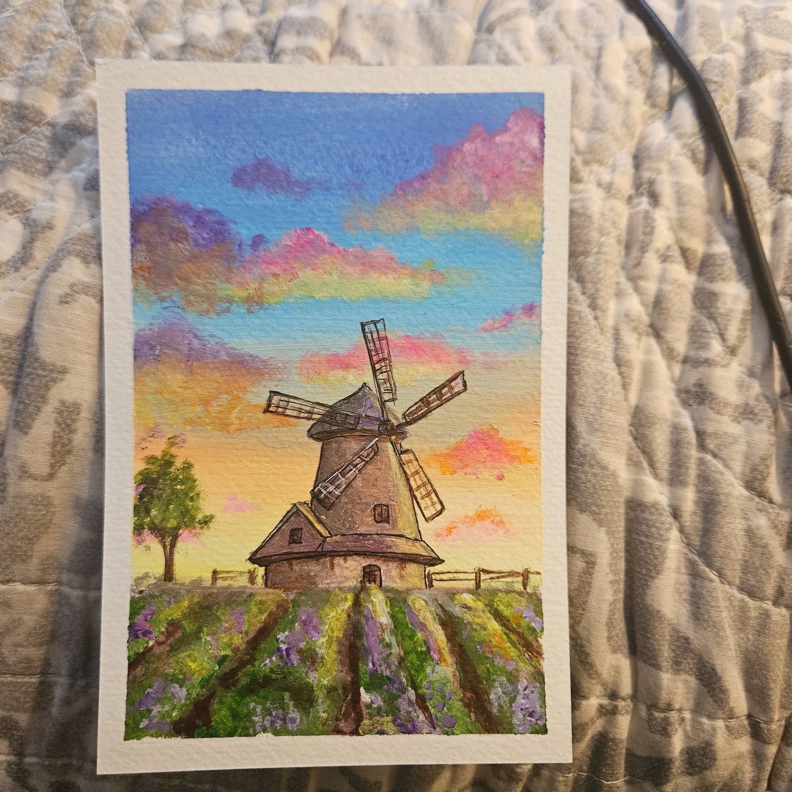 4×6 inches original acrylic painting, windmill in the sunset, not an aceo