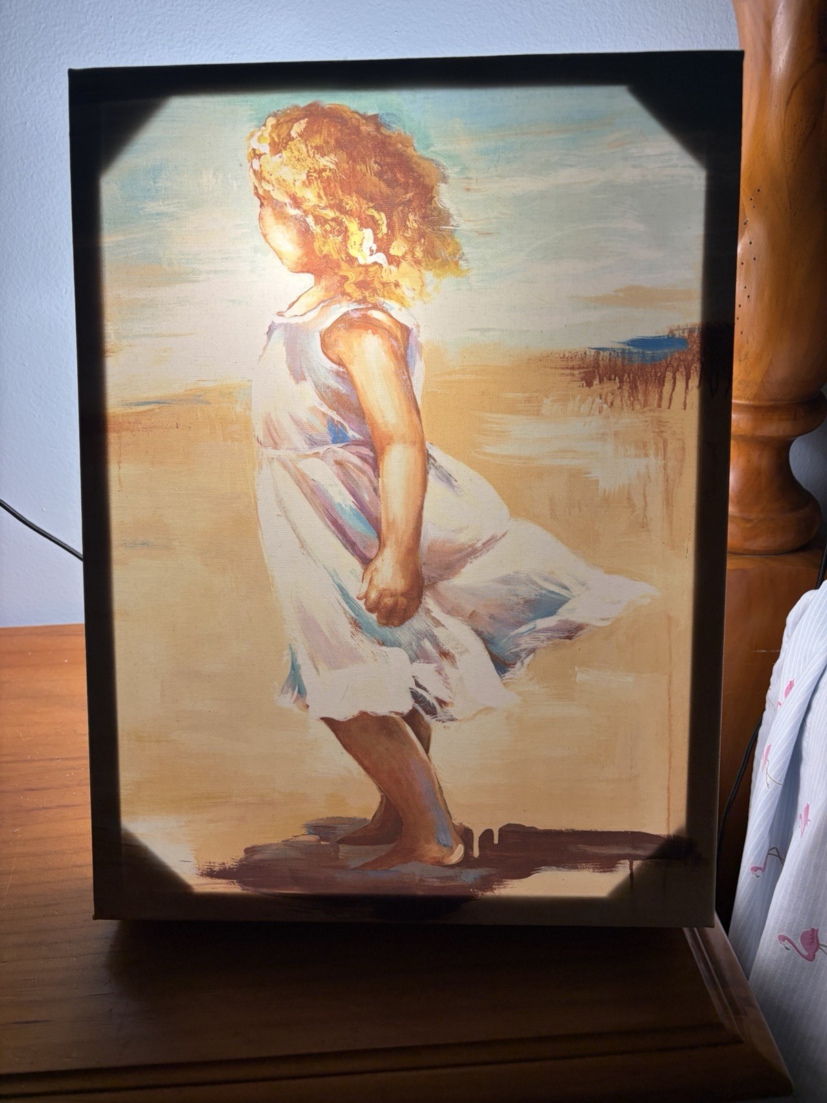Acrylic Canvas Painting Girl in White Dress at Beach Portrait 16in Unframed
