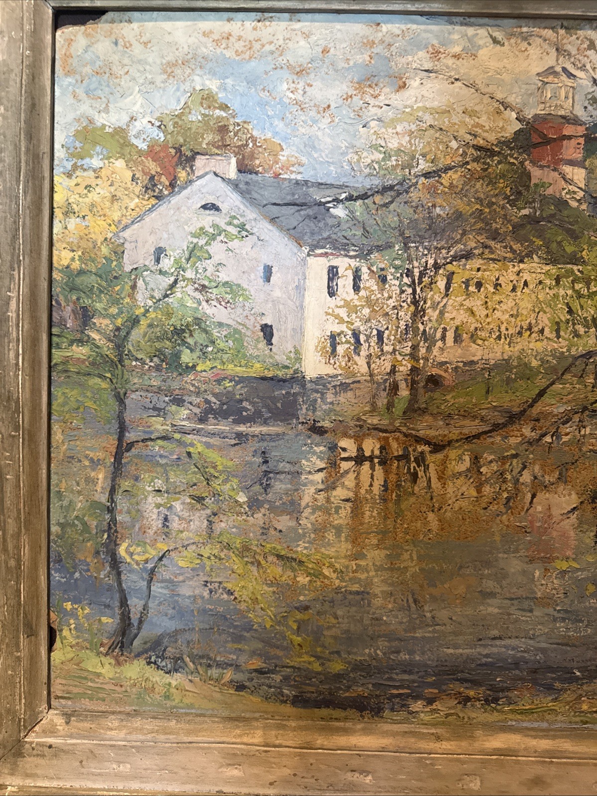 Vintage Impressionist Oil Painting Historic Northeast Water Mill Signed Framed