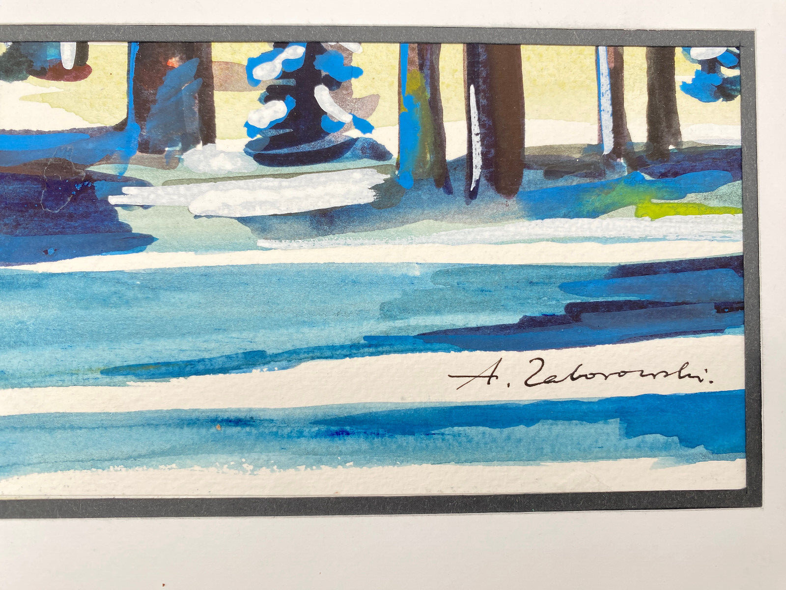 ANTONI ZABOROWSKI *1939 WATERCOLOUR DRAWING FOREST SNOW POLAND SIGNED 21×15 cm