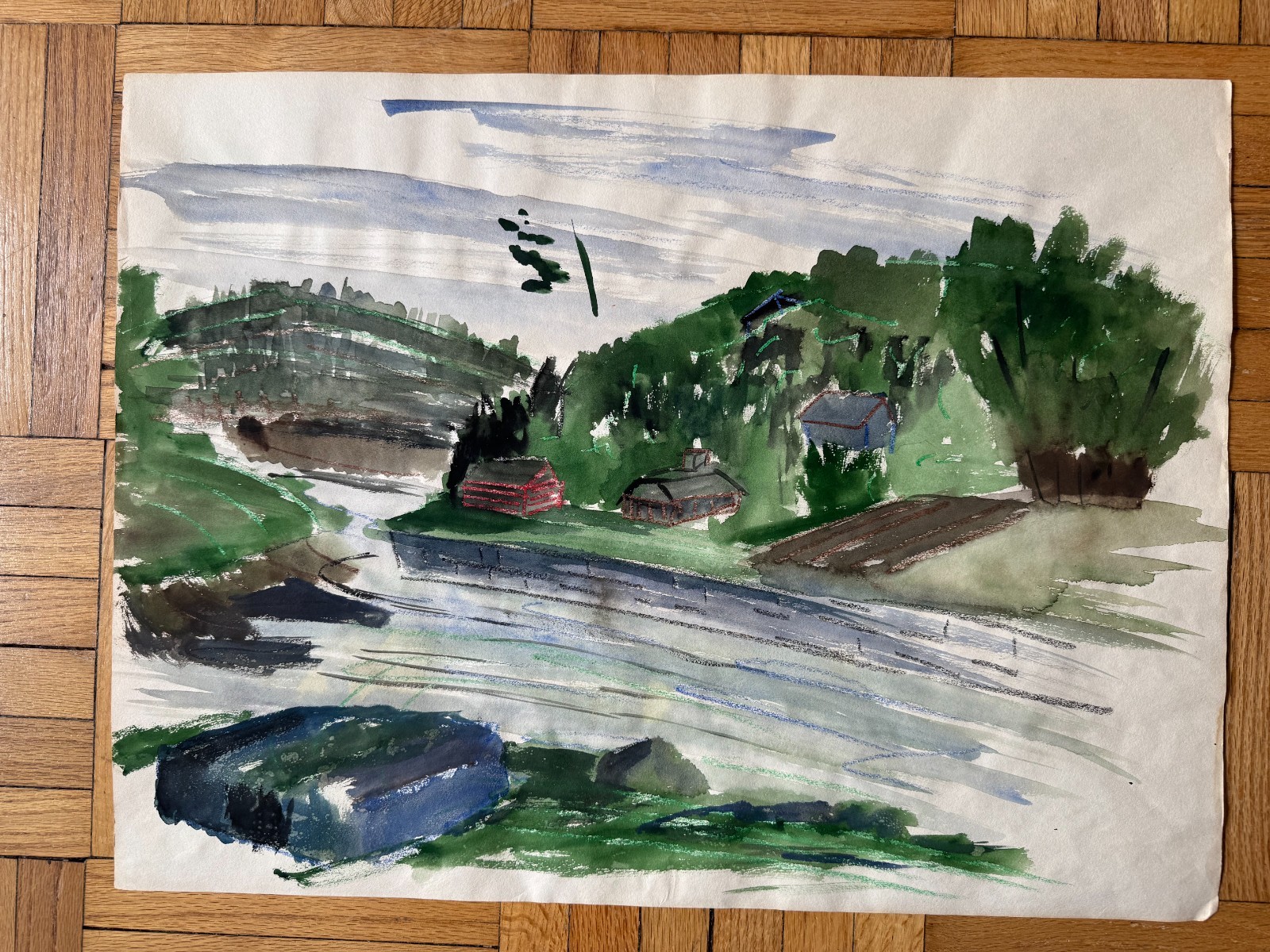Vintage 1950’s Watercolor Painting Green Lush Landscape Barn Field OOAK 18 x 24