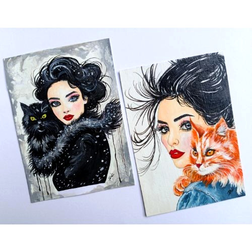 02Pcs ACEO Original Cat Lady Animals Love Mini Art Set Acrylic Hand Painting NEW
