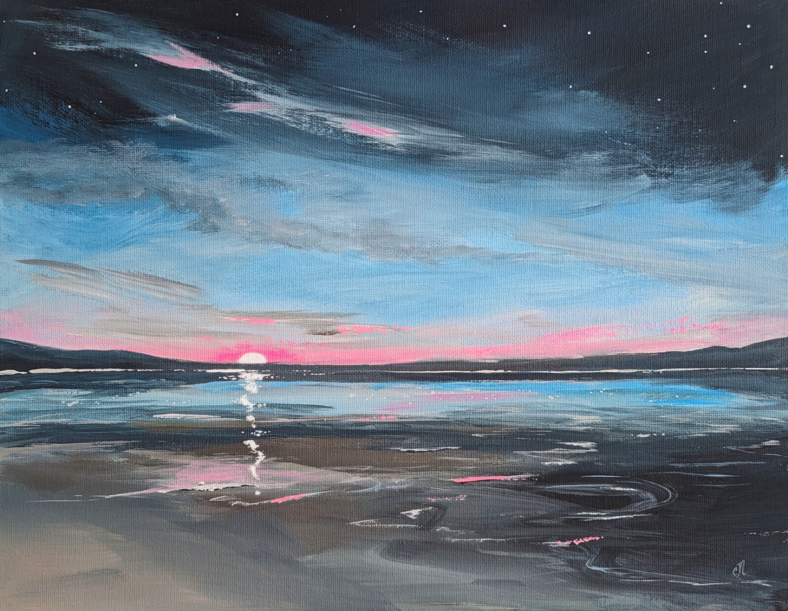 Original Painting. Beach Art. Sunset Coastline. Ocean Seascape Art. OOAK 11×14