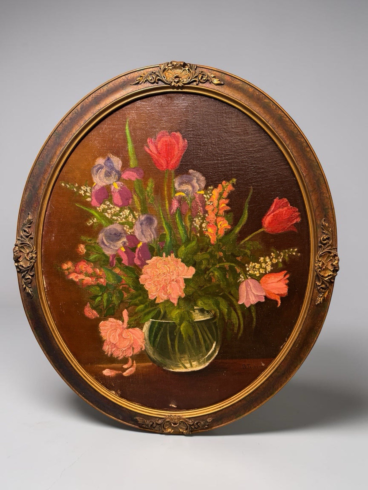 ANTIQUE OIL PAINTING STILL LIFE FLOWERS BOUQUET by G Jackson Oval Frame 28 X 24