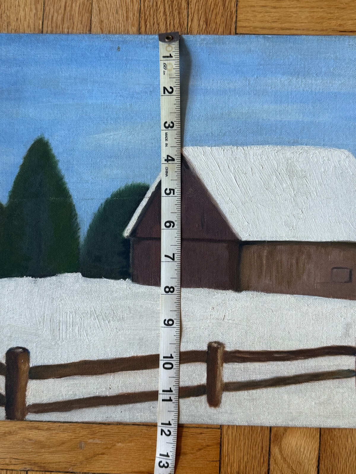 Vintage Barn Snowy Field Minimal Painting Landscape Acrylic On Board 14″x 18″
