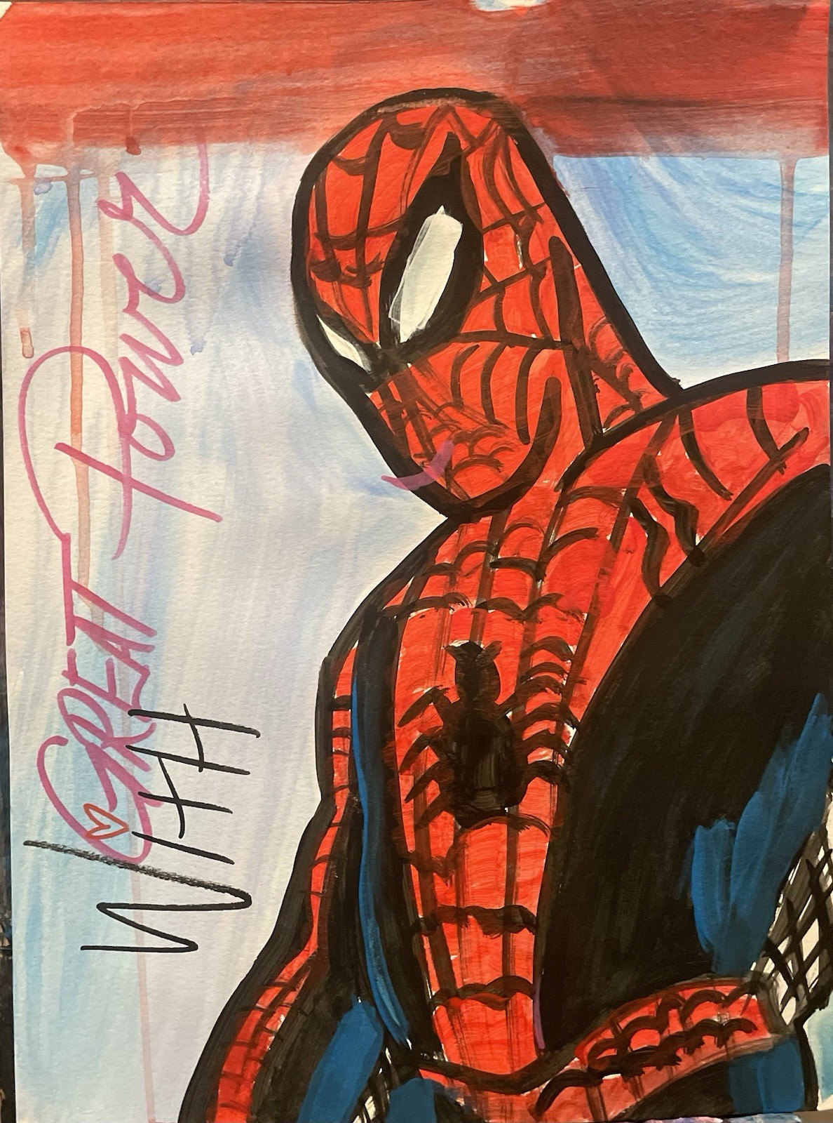 Original comic fanart With Great Power Acrylic Painting Signed Comic Art