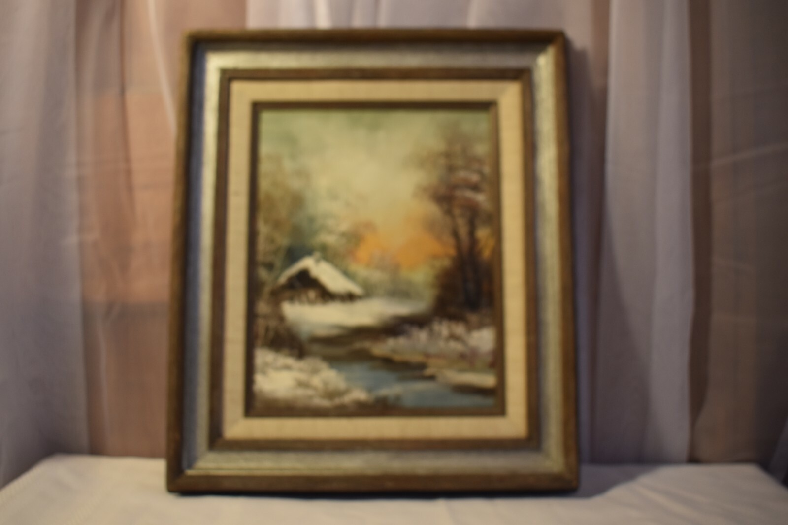 Andre De Jong Winter Cabin Scene Oil on Canvas 10 x 8 in Wood Frame 15 x 13