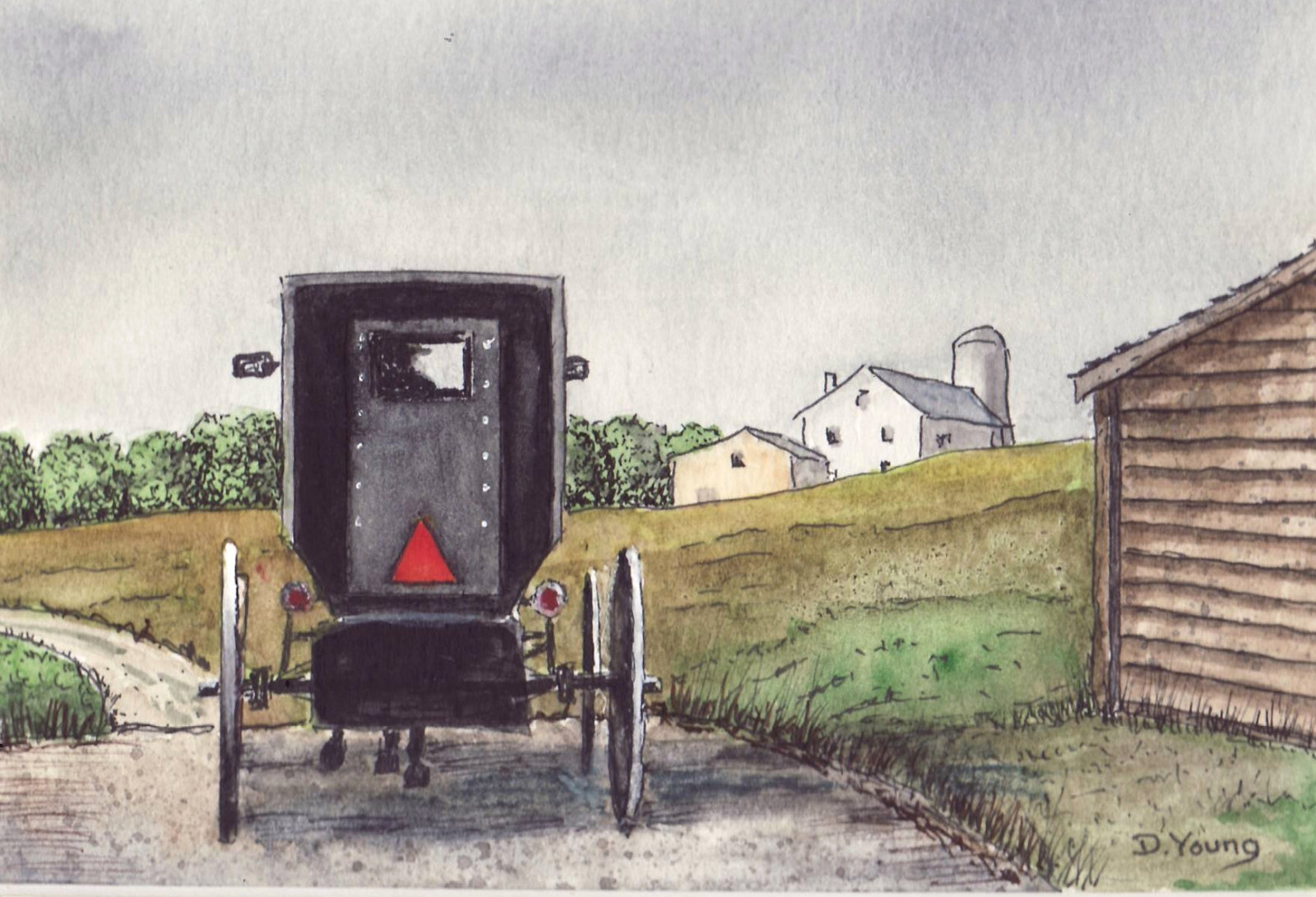 Orig. Matted Line & Wash Painting ‘Amish Country’ – Amish Buggy by David Young