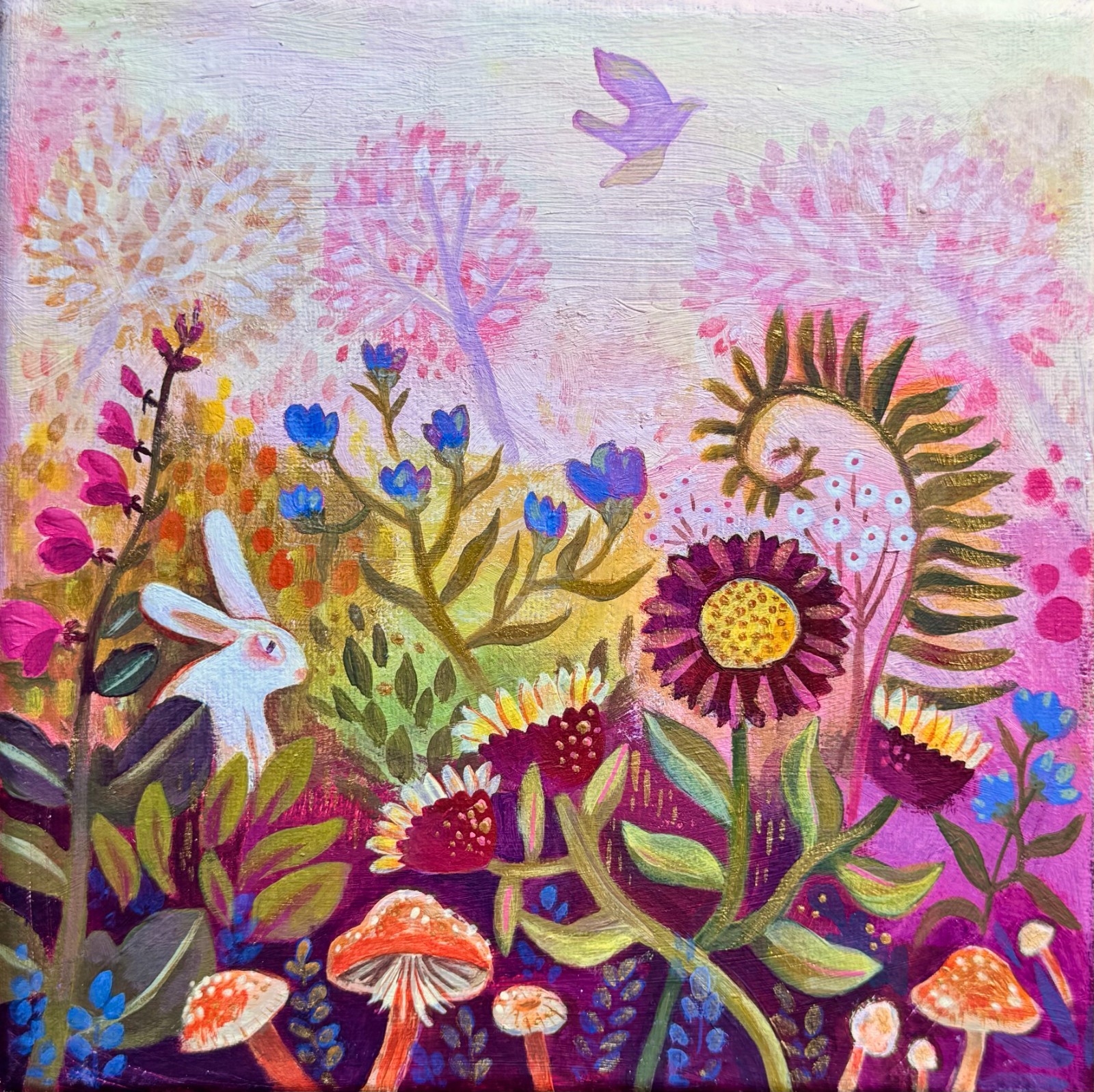 Original Art Forest Nature Bunny Mushroom Fern Whimsical Acrylic 8×8
