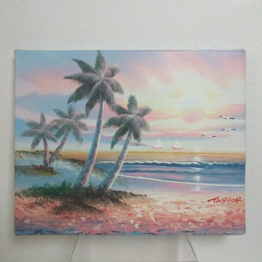 Original Seascape Painting Seaside Sunset 8×10 Palm Trees Coastal Wall Art