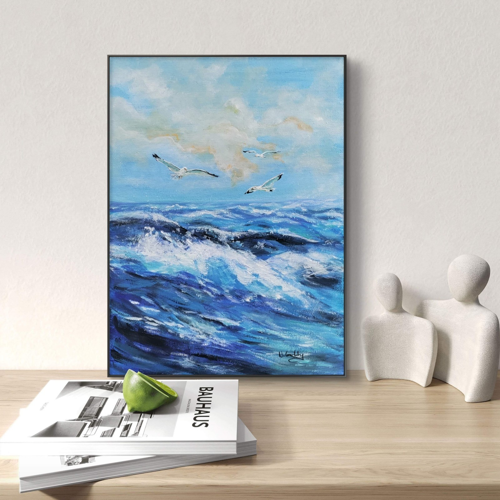 Original Expressionism 9 x 12 Blue Ocean Waves Acrylic Wall Canvas Art Painting