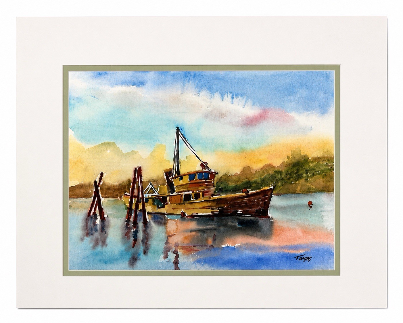Original Watercolor Harbor Boat Painting Signed Tanjes 16×12 Matted Seascape Art
