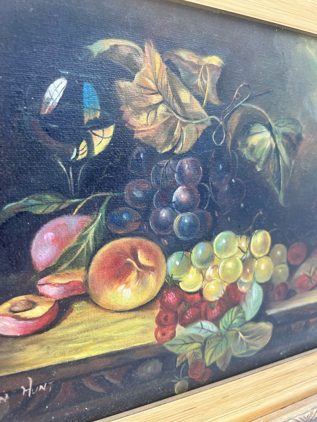 Vintage Signed Van Hunt Still Life Oil Painting Fruit Grapes Wine Glass Framed