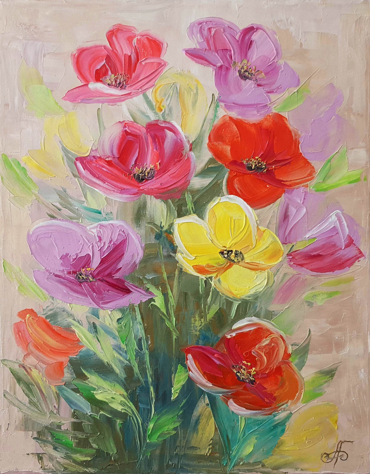 Colorful Floral Bouquet Original Flower Painting Bright Spring Wall Art Decor
