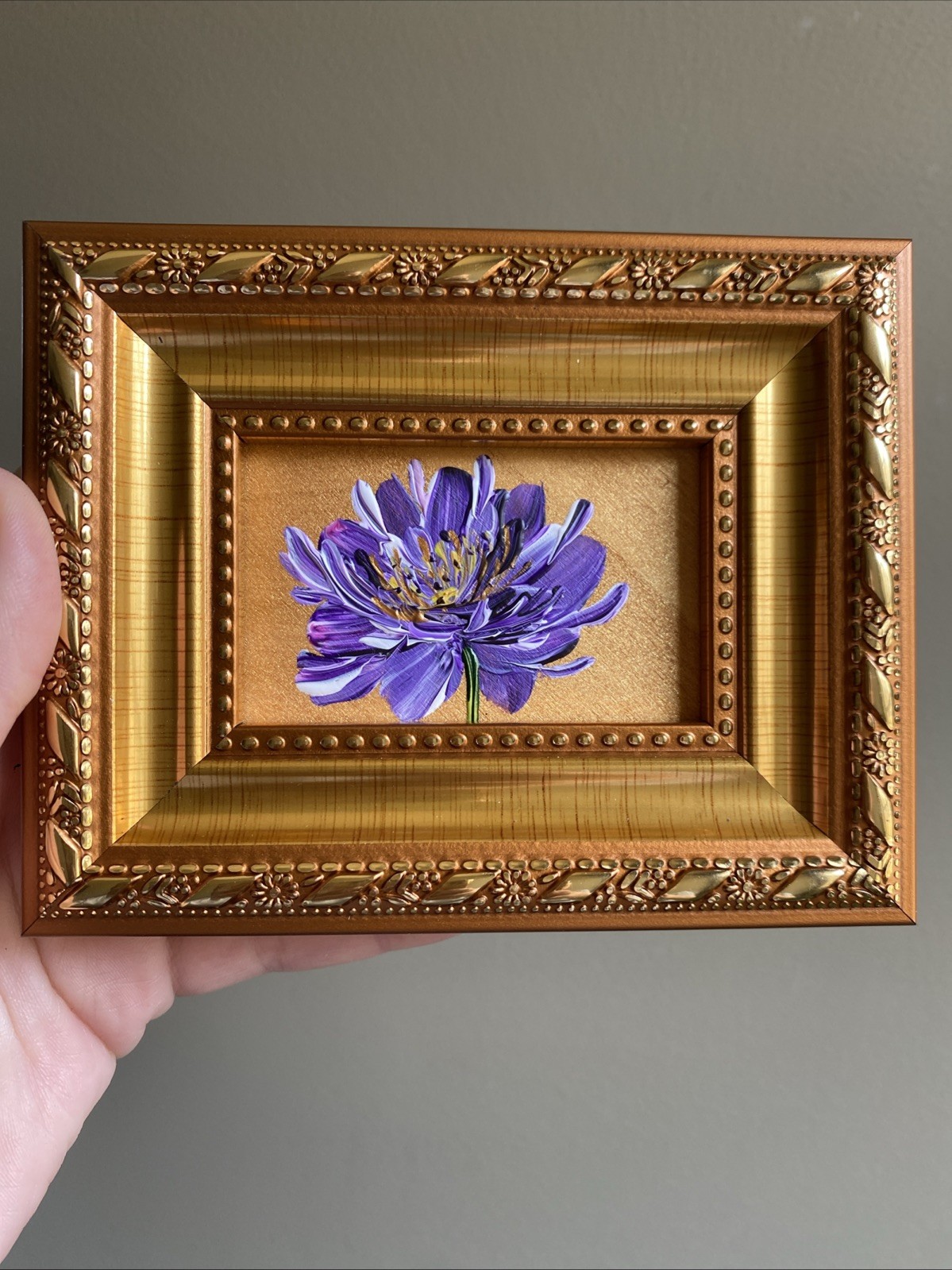 ORIGINAL Painting Peony Flower framed,gold,miniature,small,mini