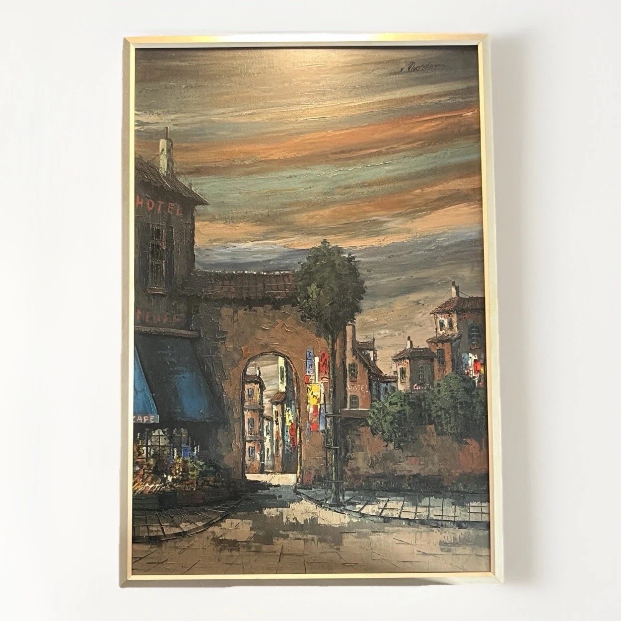 LARGE Vintage Oil Painting – European Street Scene Café & Hotel 25×38” Signed!