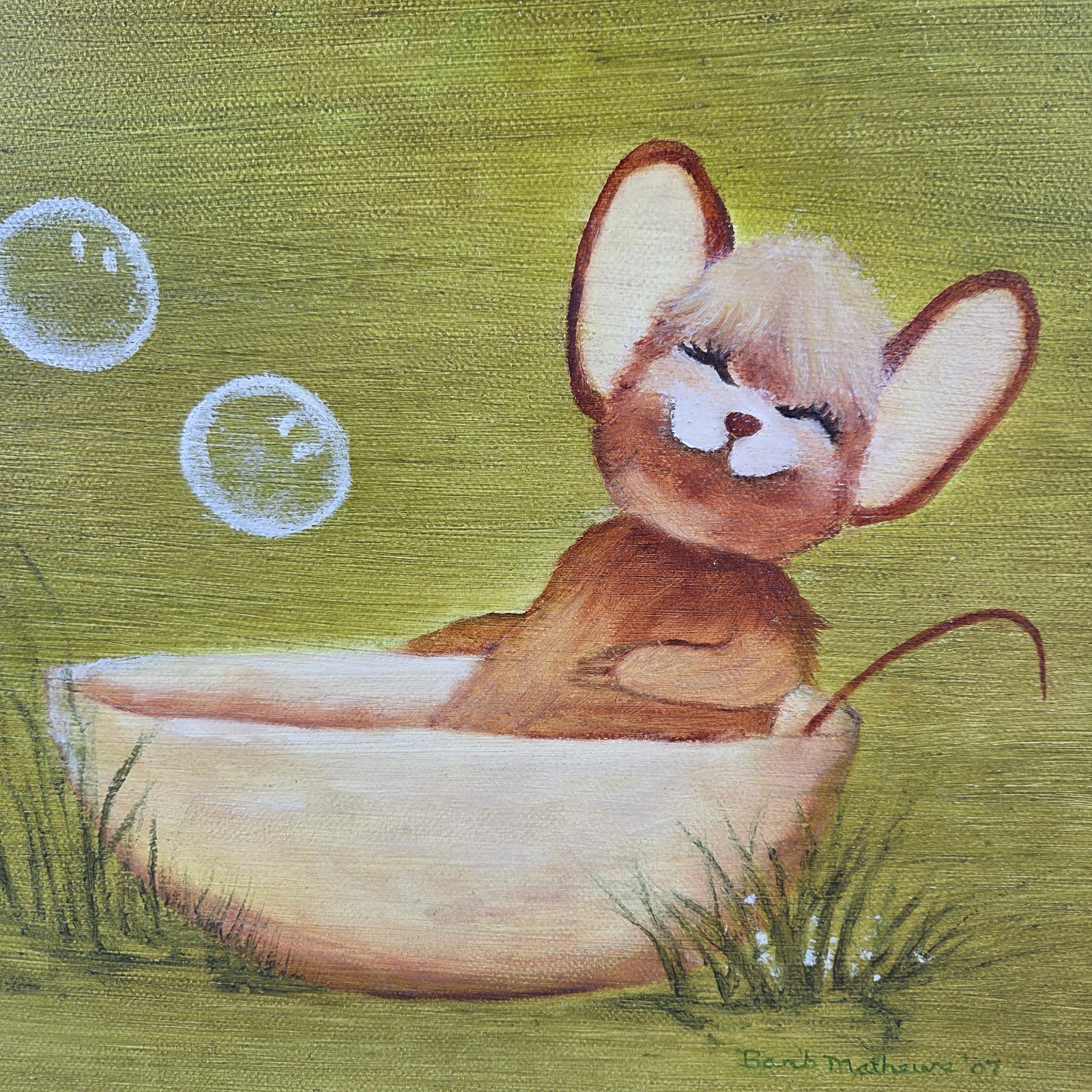 Framed Mouse Bath Painting Mid Century Style Signed 13×16″ Whimsical
