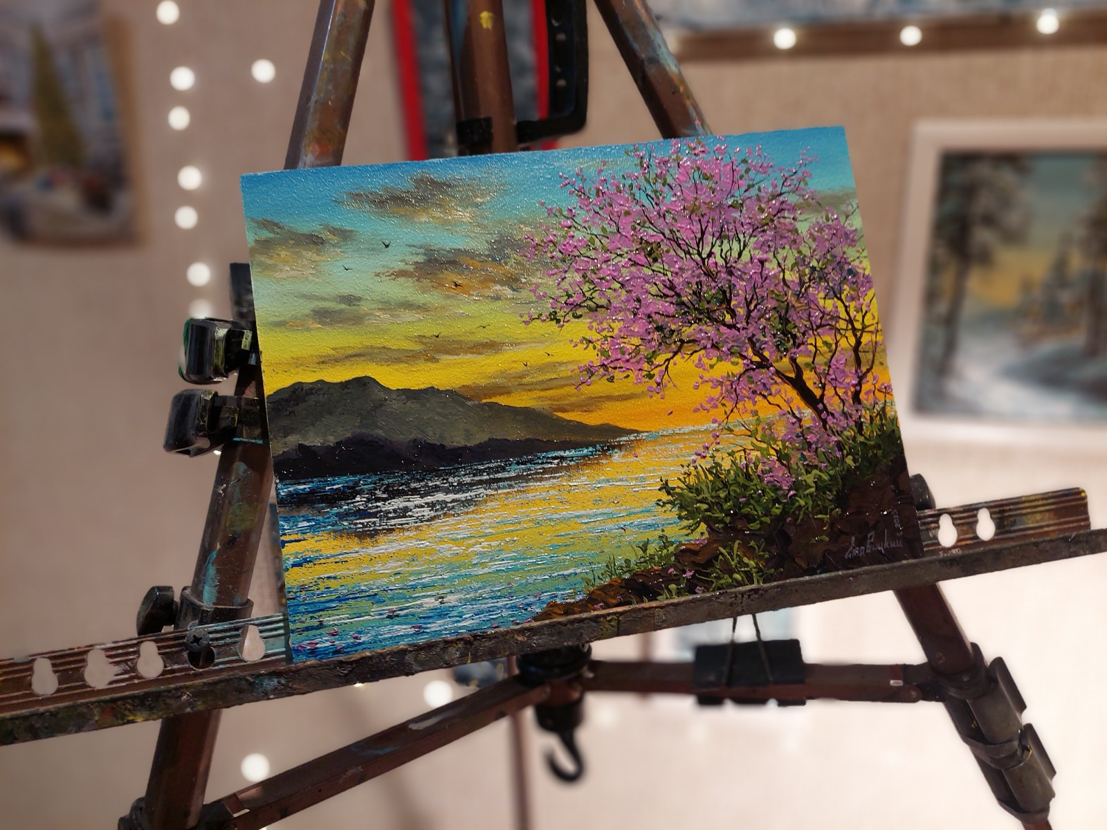 Sakura In Sunlight Original oil painting, Pink Cherry Tree Flower In Bright art