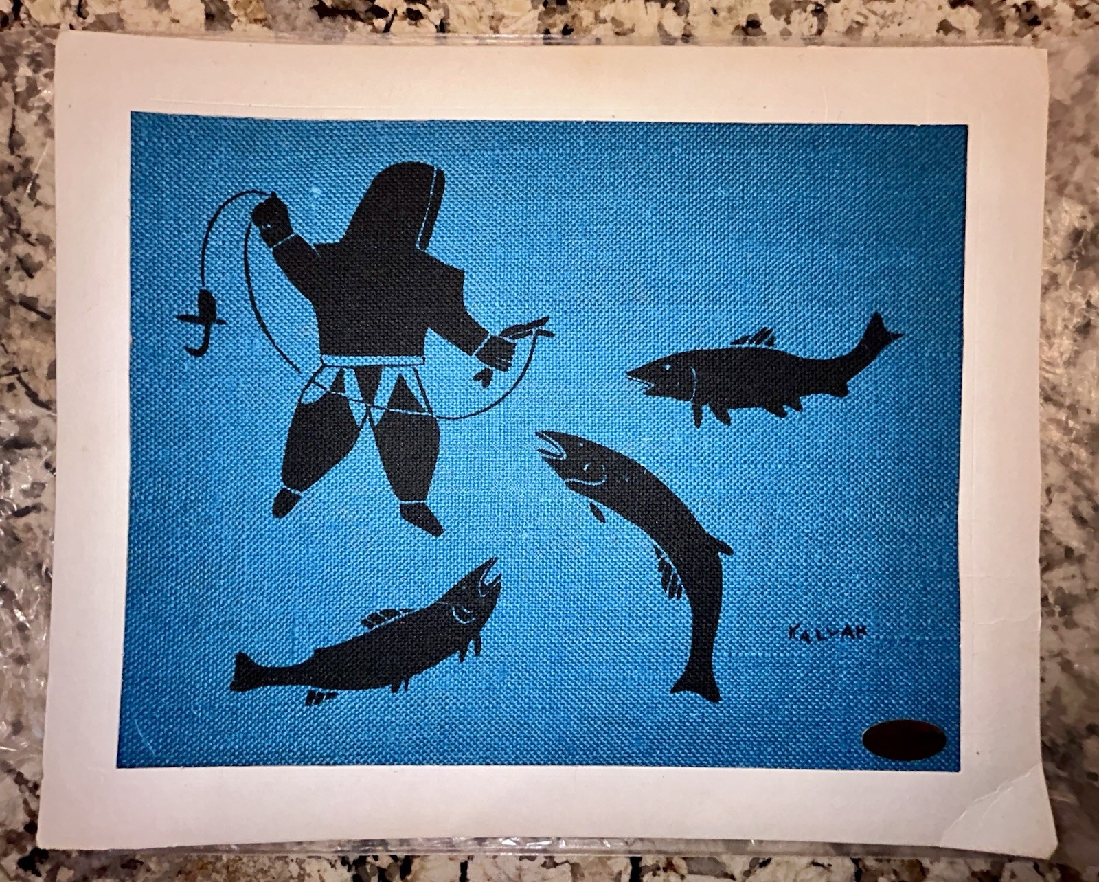(Helen) Kalvak, Inuit art fishing scene with Salmon on Blue burlap c.1980 16×13”