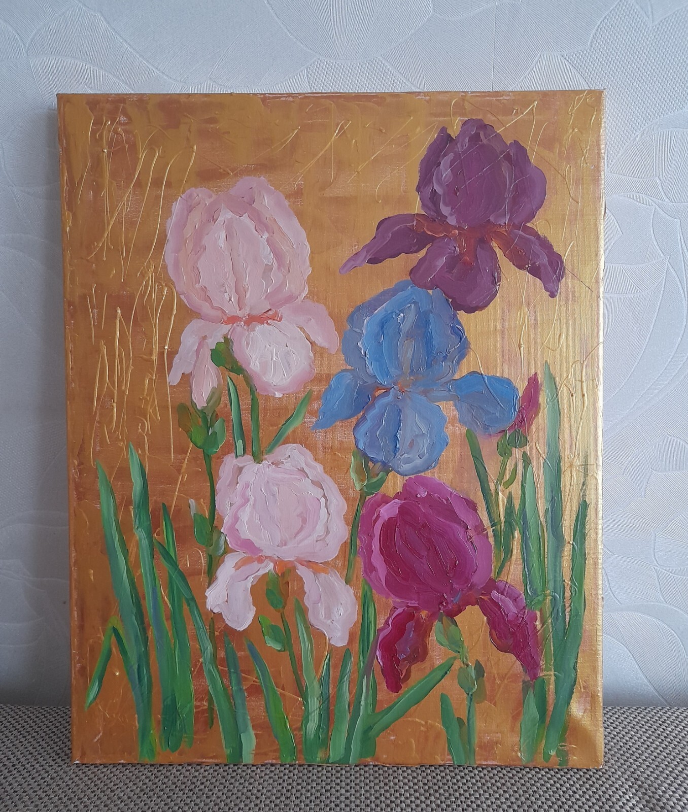 Irises original oil painting, bouquet of irises wall art, colored irises art
