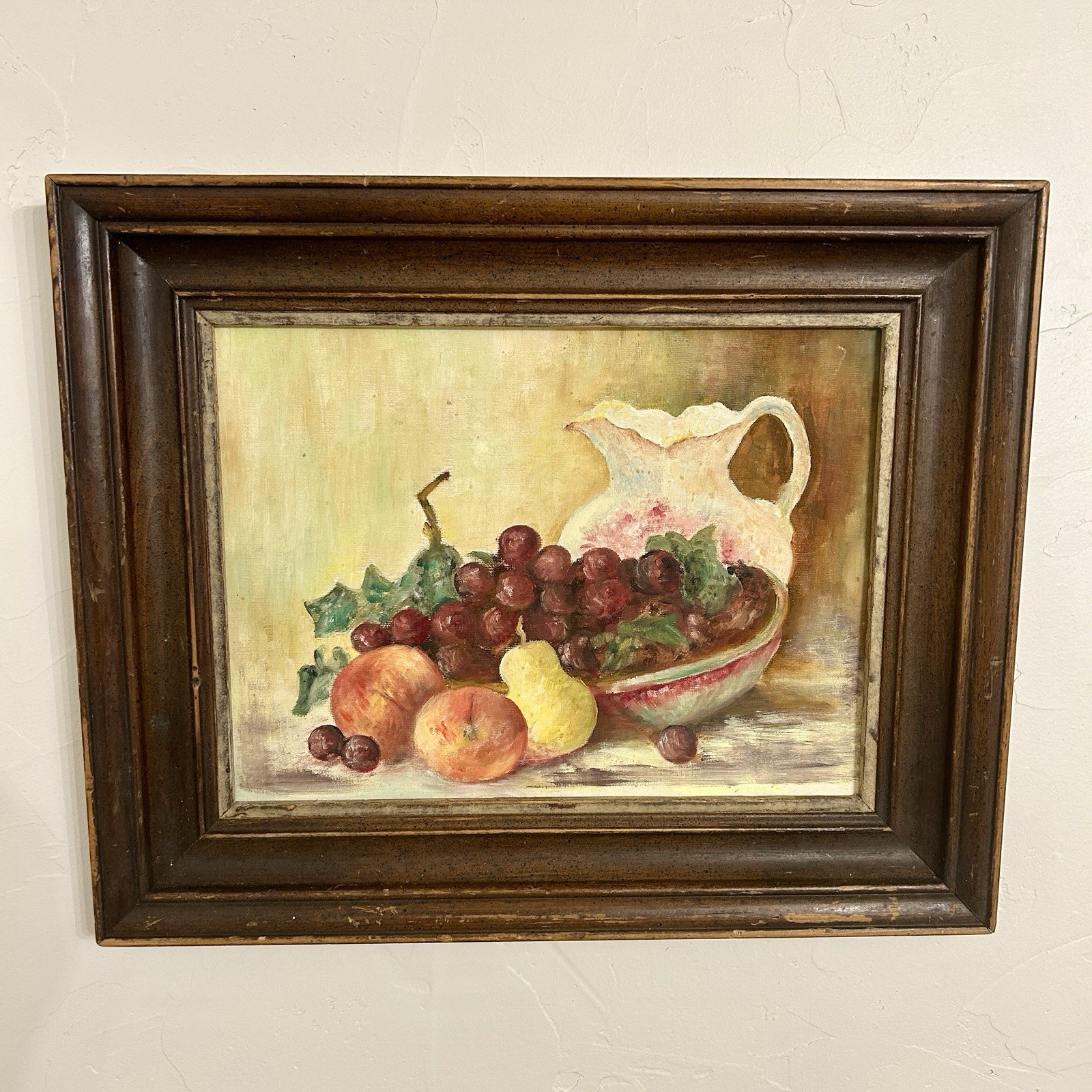 Original Still Life Oil Painting Framed Fruit Pitcher Grapes Vintage Cottagecore