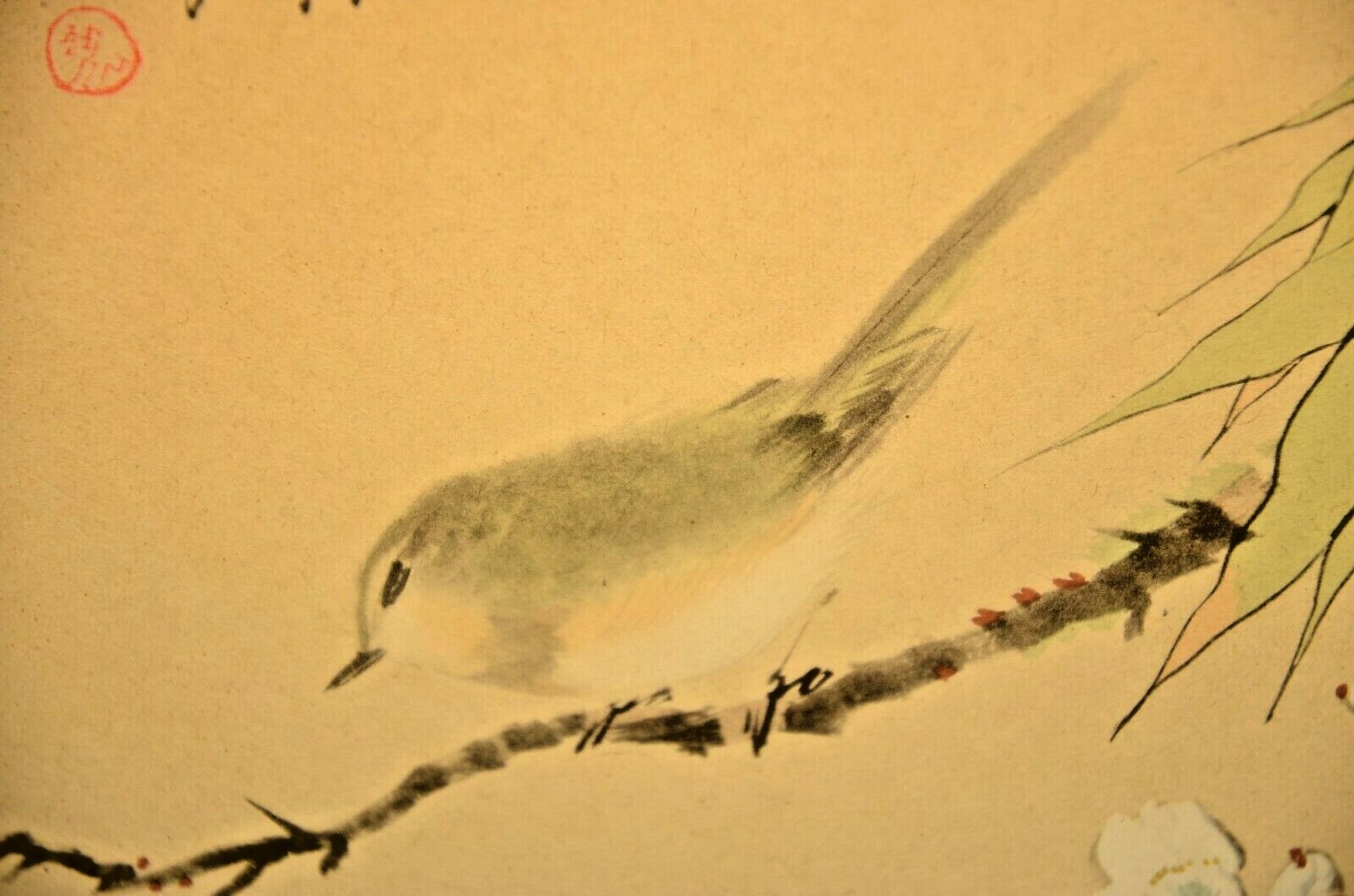 Antique Original Vintage Signed Chinese Floral Bird Portrait Watercolor Painting