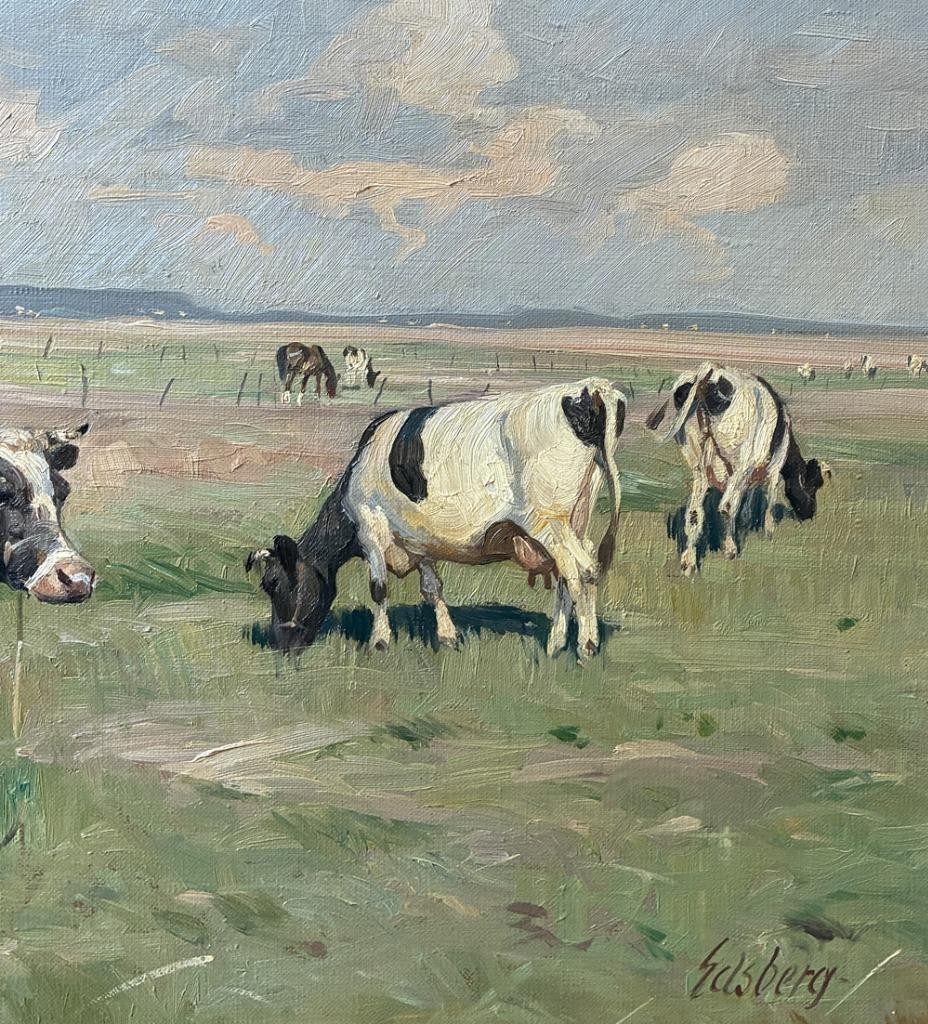 Knud Edsberg (1911) Fine Pastoral Landscape with Grazing Cows. ca 1940. COA