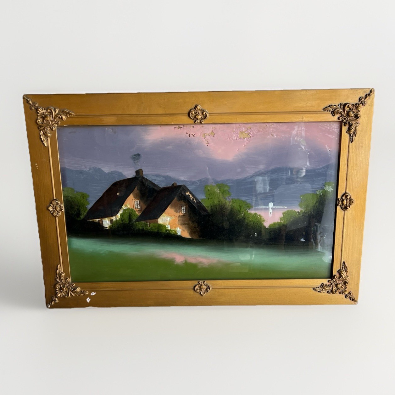 Antique Reverse Painted Glass Hand Painted Landscape Cabin Gold Gilt Wood Frame