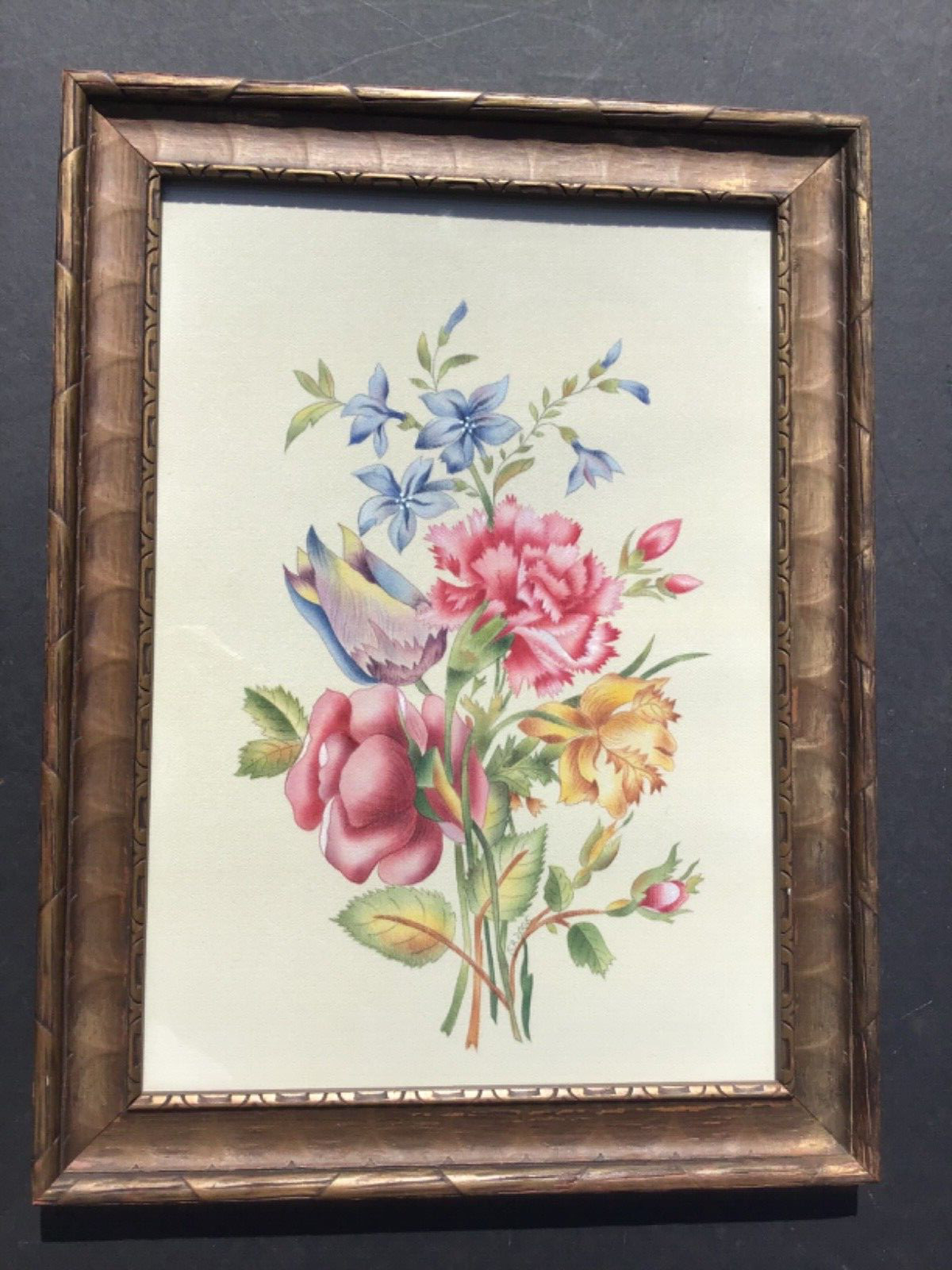 Beautifully Framed Floral Painting On Cloth Antique Frame
