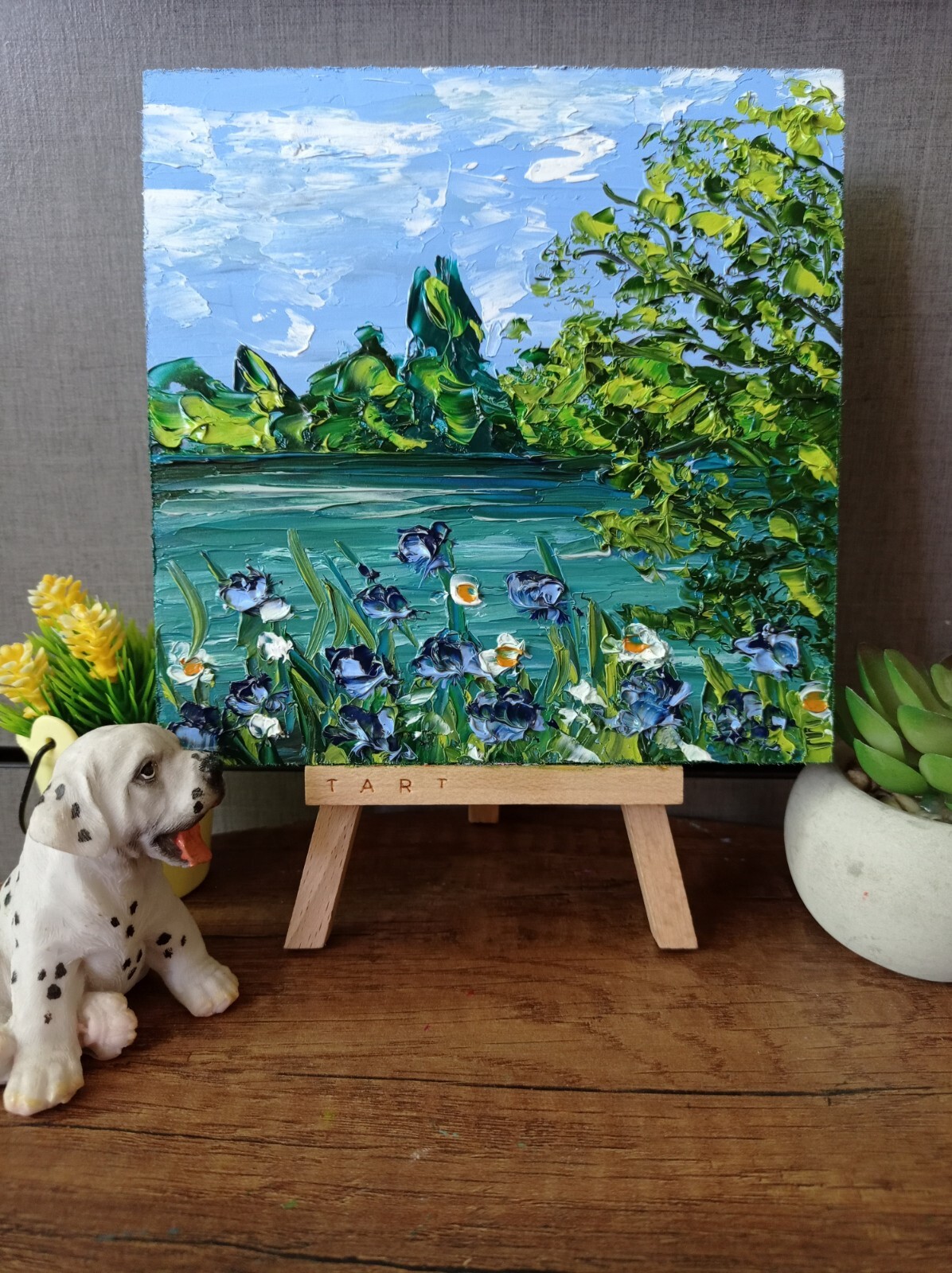 Cornflowers Sunset River Original Oil Painting Flowers Landscape Art size 6 x 6″