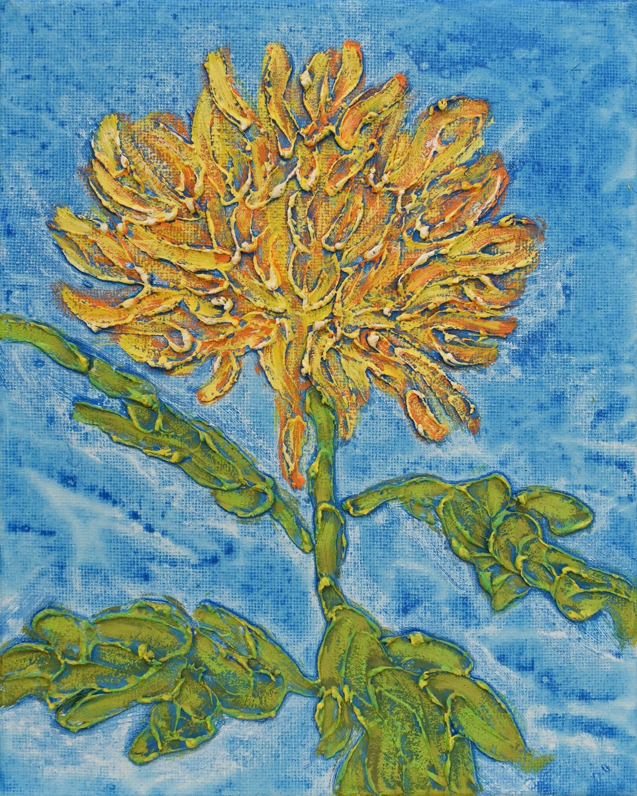 Zinnia Flower Painting 8×10 In Orig. Acrylic Textured Ready To Hang Yellow Blue