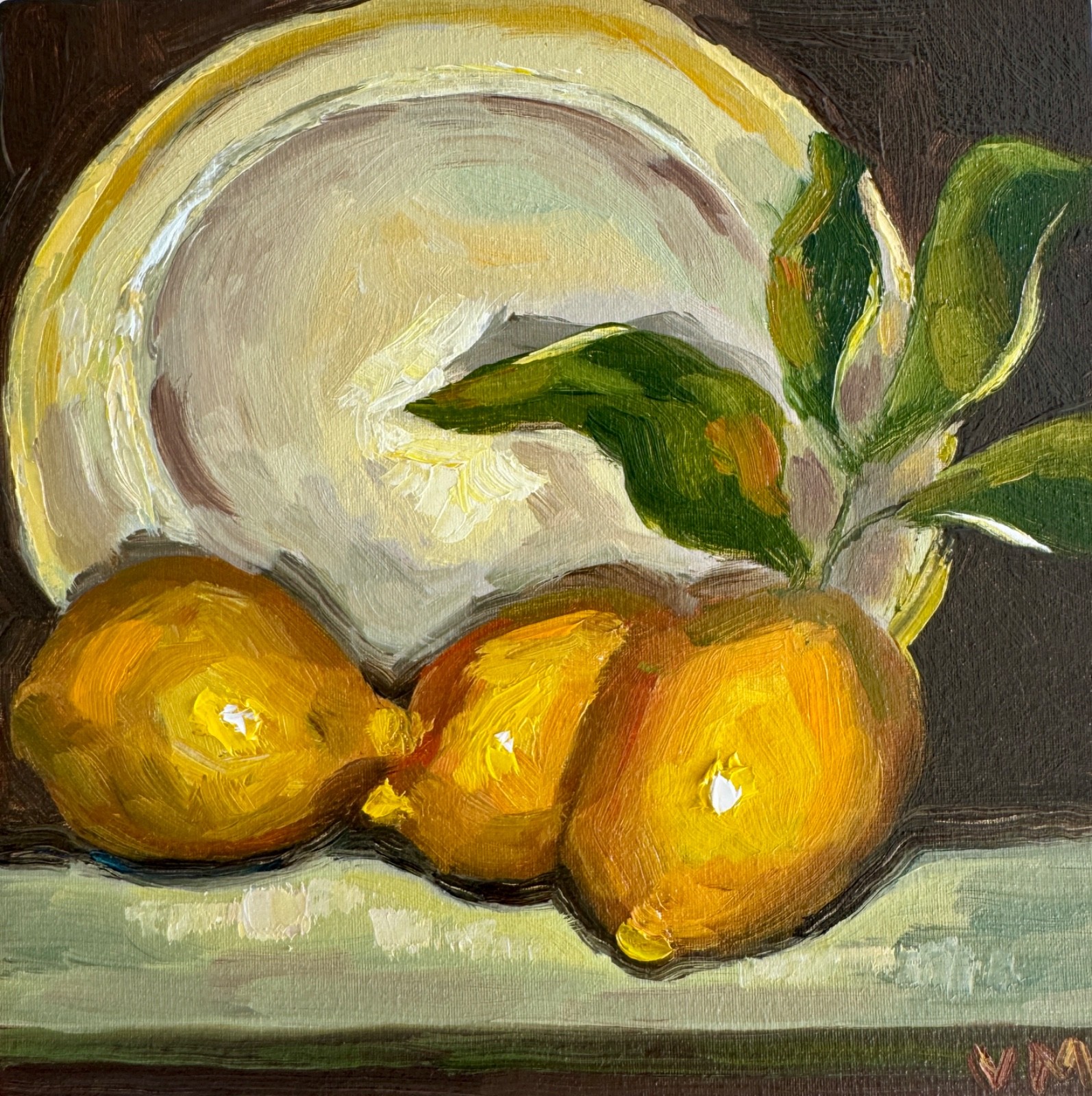 Lemons Original Oil Painting Still Life Plate Signed Modern Wall Art Decor