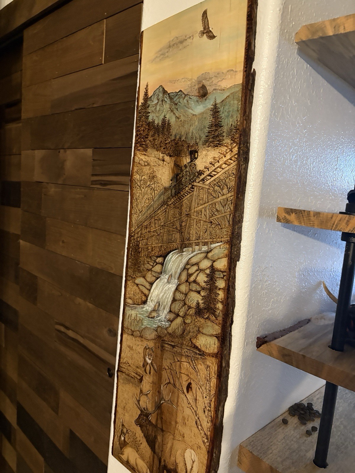 S. Ochs Realism Painting on Wood – Train, Waterfall, Wildlife, Mountains,Elk,Fox