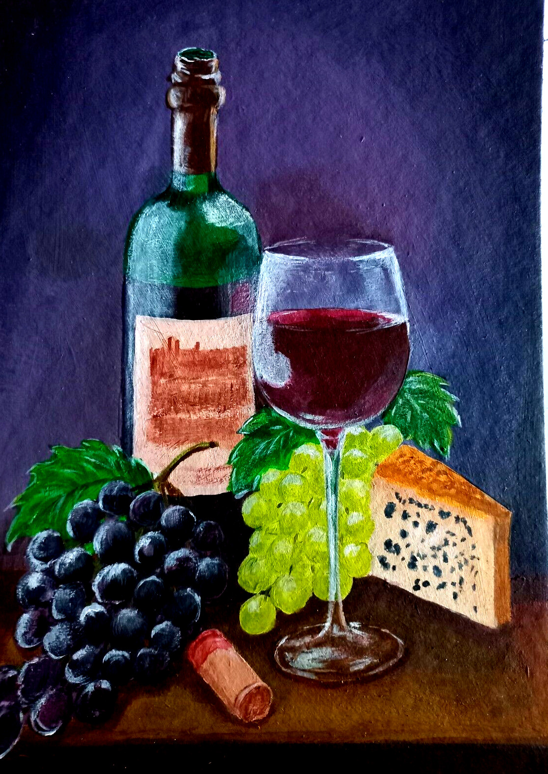 Kitchen still life. Wine bottle wine glass cheese and a bunch of grapes Original