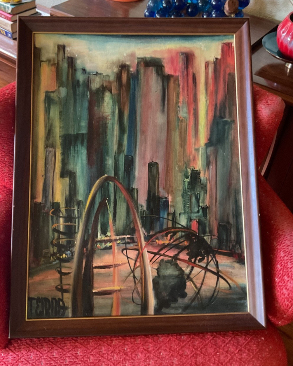 Vtg abstract PAINTING cityscape landscape mid century modernist mcm framed