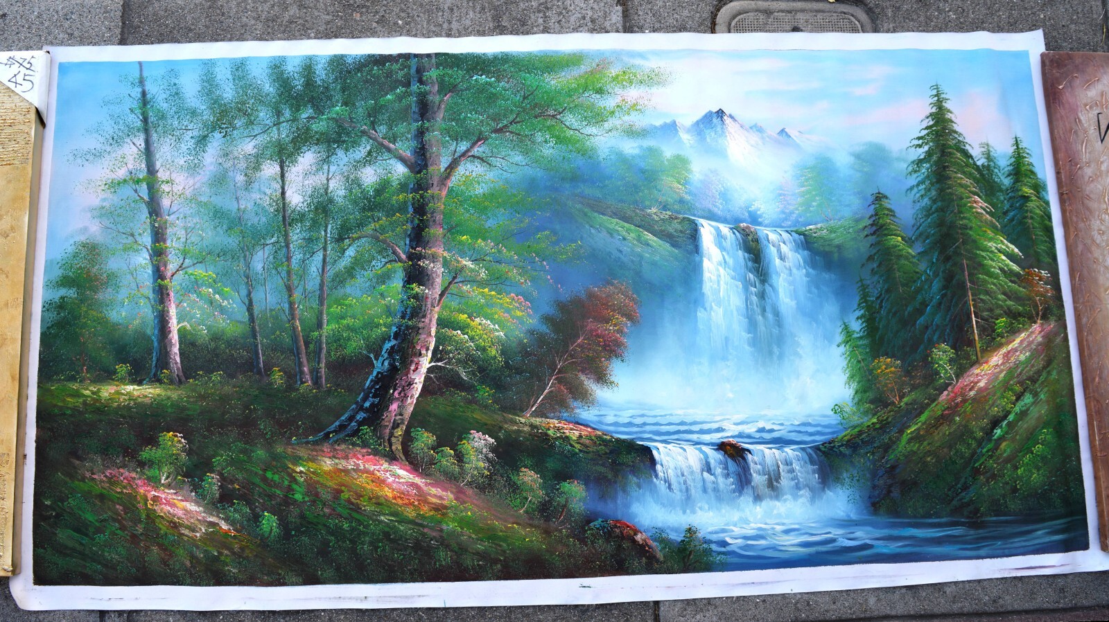 MOUNTAIN WATERFALL FOREST TREE OIL PAINTING 72″ HAND PAINTED DECOR ART GIFT 109