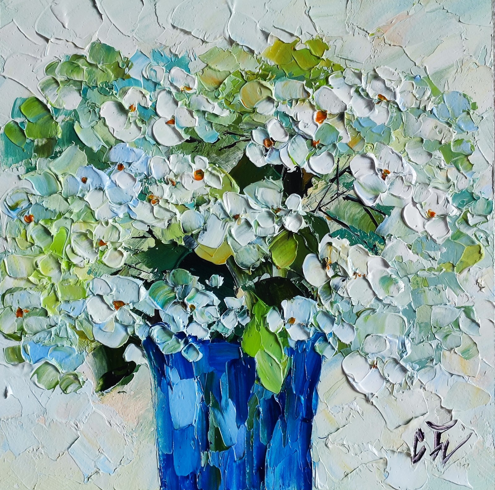 original oil painting Hydrangea white flowers artwork Floral wall art 6*6 in