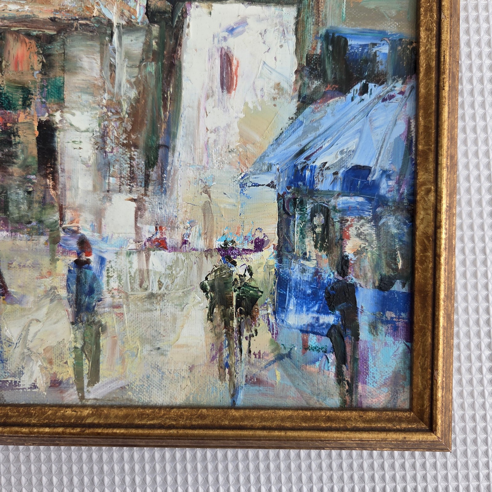 Vintage Abstract Original City Scape Blue Gold Oil Painting Art 10″ x 13″