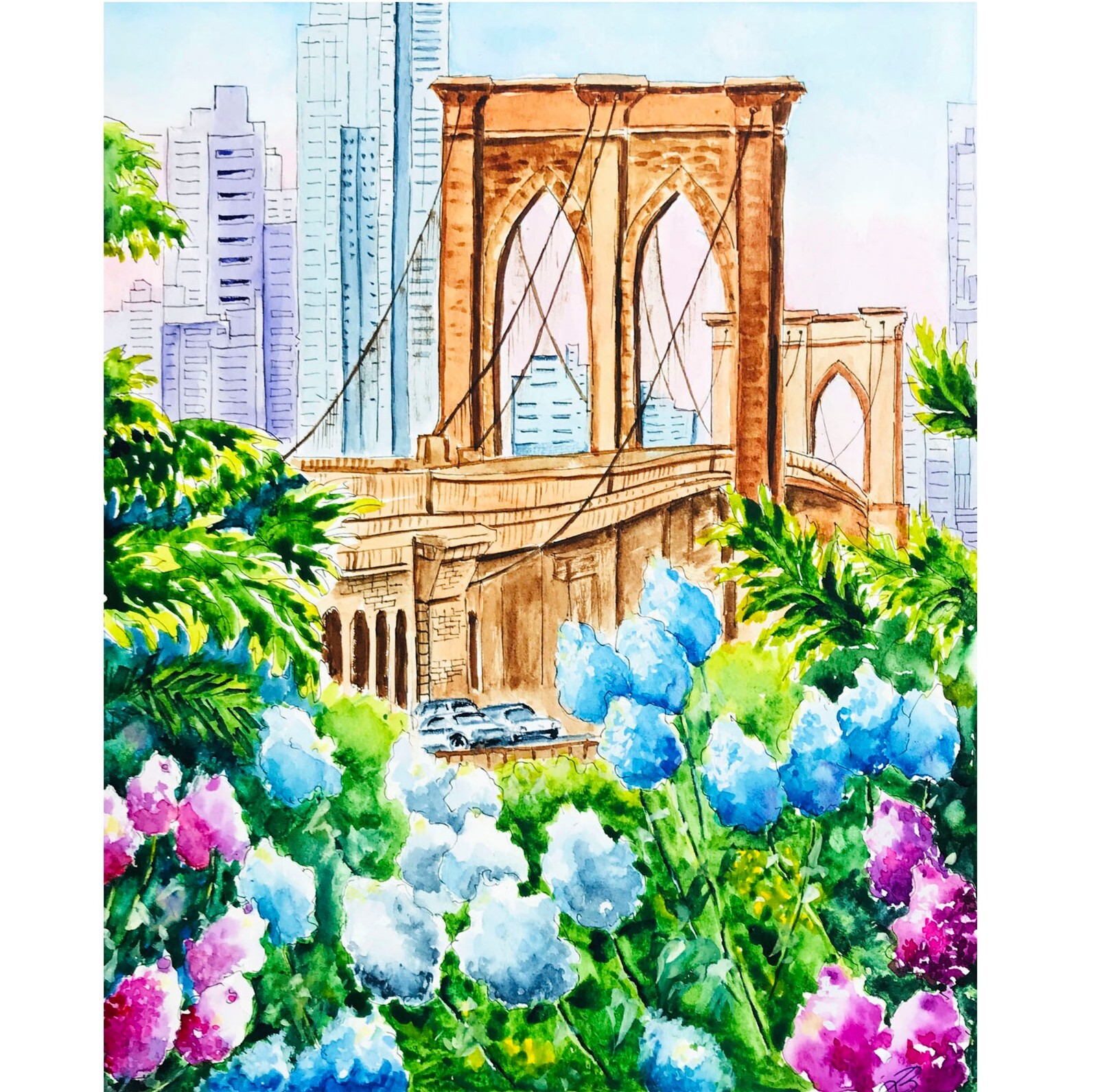 Original Art New York City Watercolor Brooklyn Bridge Painting NYC 12 x 9″