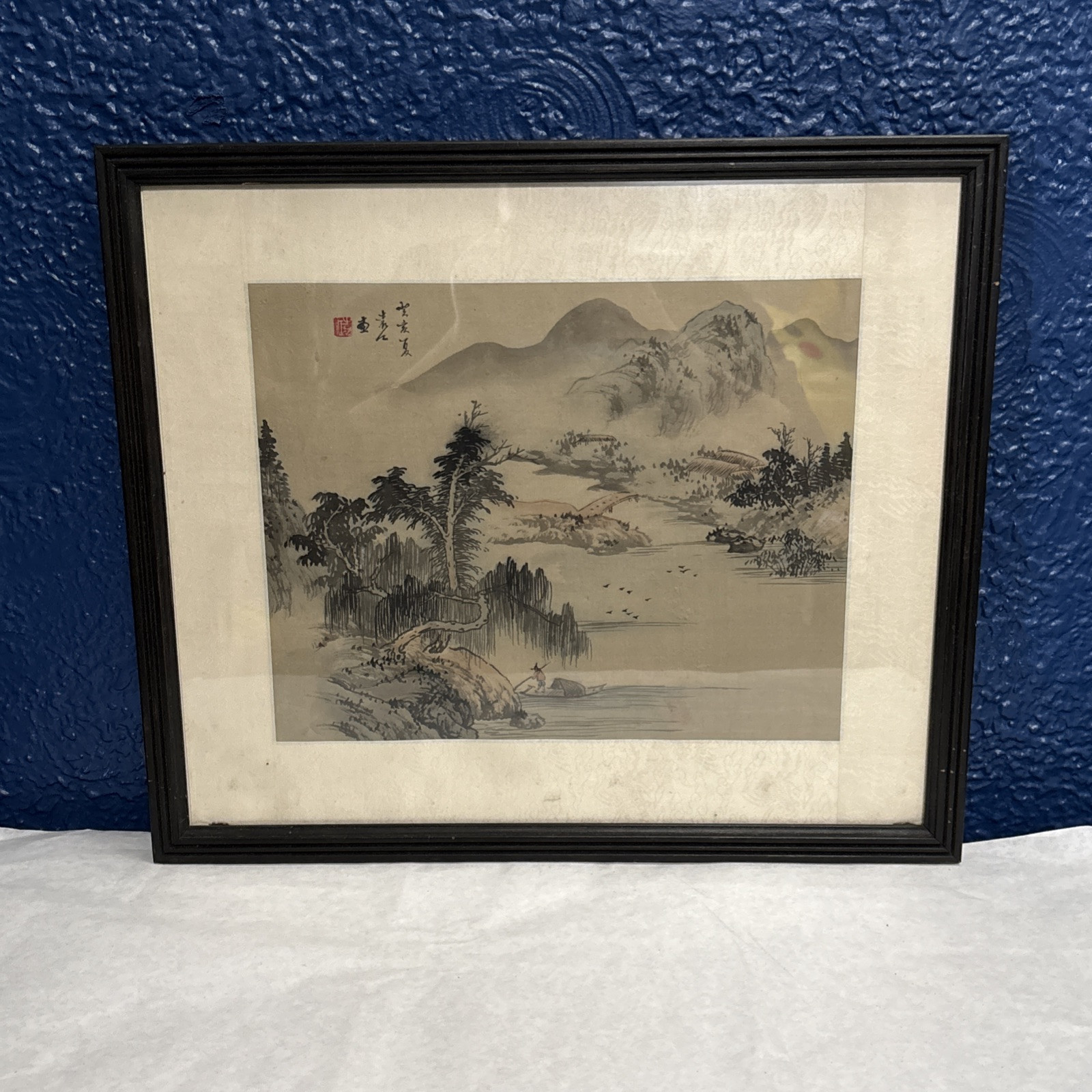 Antique Chinese Wall Art Piece Signed Framed Fisherman Islands