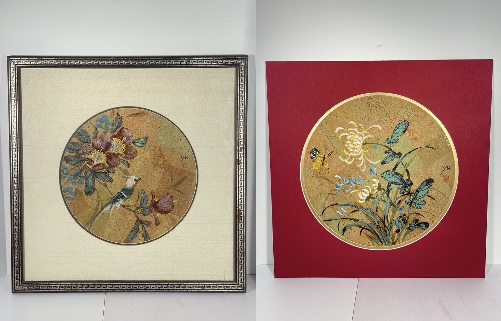Heshi Yu Watercolor On Cork Paintings, Far East Suite Set Of Two, One With COA